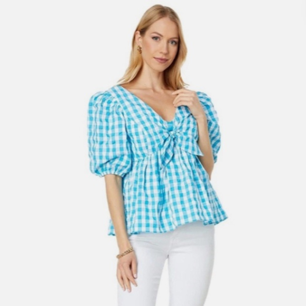 LILLY PULITZER Sarafina Short Sleeve Crinkle Gingham Blouse--NWT—4